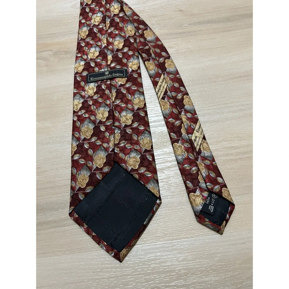 ERMENEGILDO ZEGNA Silk Tie Maroon Gold Floral Red Dress Career‎ Wear Business